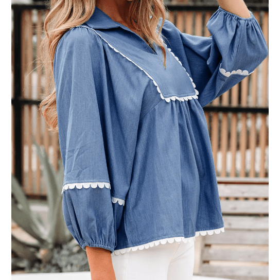 RTS Dusk Blue Lace Ric Rac 3/4 Puff Sleeve Collared Babydoll Blouse