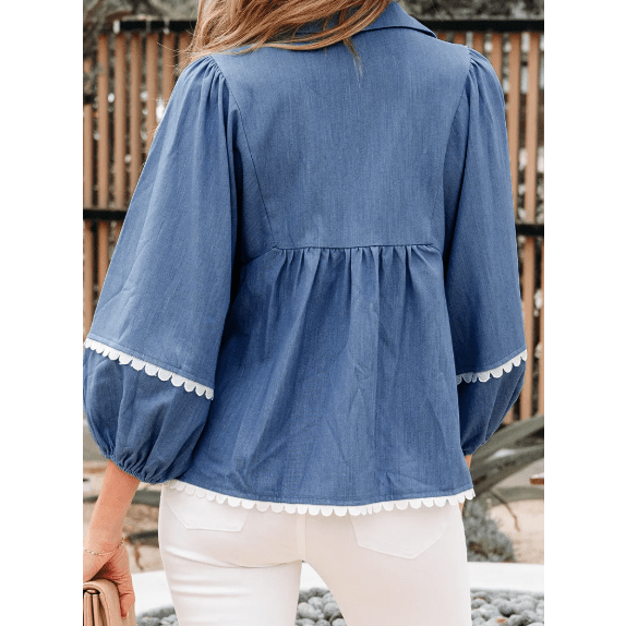 RTS Dusk Blue Lace Ric Rac 3/4 Puff Sleeve Collared Babydoll Blouse