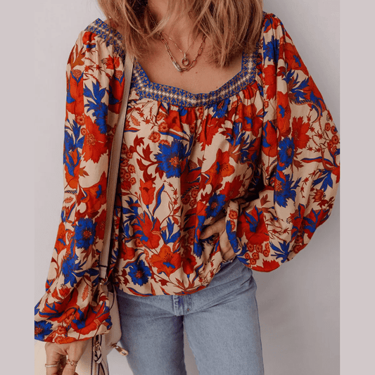 RTS Multicolour Floral Print Square Neck Backless Loose Fit Blouse