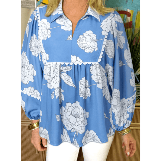 RTS Sky Blue Floral Ricrac Trim Collared Puff Sleeve Loose Blouse