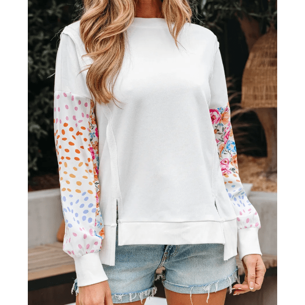 Clarisse White Floral Dotted Mixed Print Patchwork Sleeve High Low Casual Sweatshirt