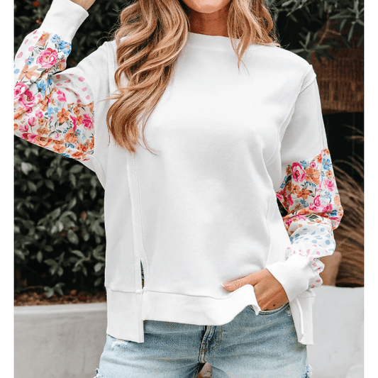 Clarisse White Floral Dotted Mixed Print Patchwork Sleeve High Low Casual Sweatshirt