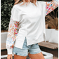 Clarisse White Floral Dotted Mixed Print Patchwork Sleeve High Low Casual Sweatshirt