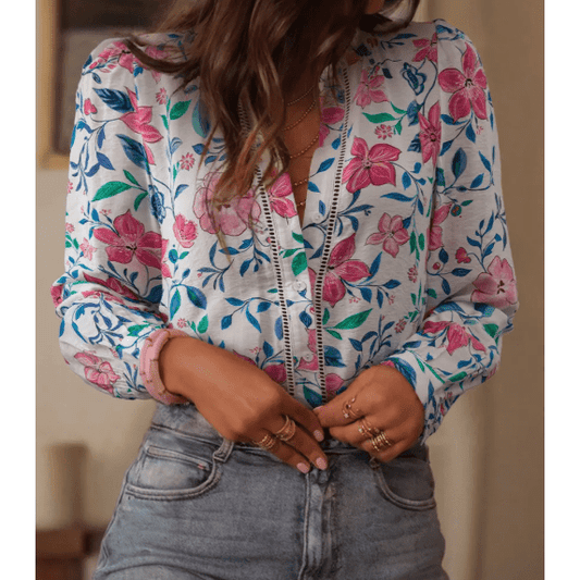 Chancie Pink Floral Print Lace Detail Button-up Long Sleeve Shirt