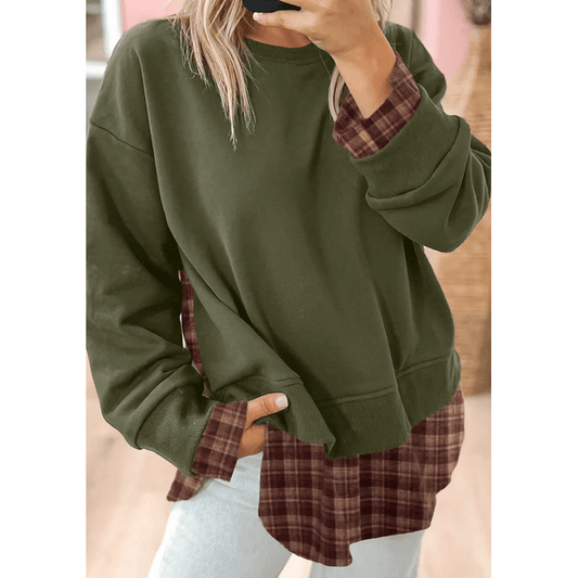 Darshi Moss Green Vintage Plaid Patchwork Drop Shoulder Sweatshirt