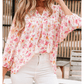Janae Pink Floral Print Tassel Tie Smocked V Neck Puff Sleeve Tunic Blouse