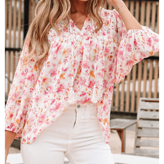 Janae Pink Floral Print Tassel Tie Smocked V Neck Puff Sleeve Tunic Blouse
