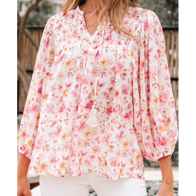 Janae Pink Floral Print Tassel Tie Smocked V Neck Puff Sleeve Tunic Blouse