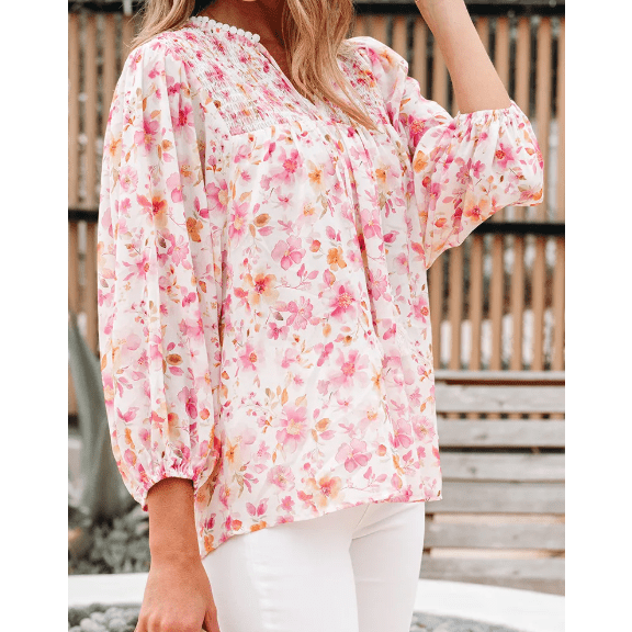 Janae Pink Floral Print Tassel Tie Smocked V Neck Puff Sleeve Tunic Blouse