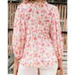 Janae Pink Floral Print Tassel Tie Smocked V Neck Puff Sleeve Tunic Blouse