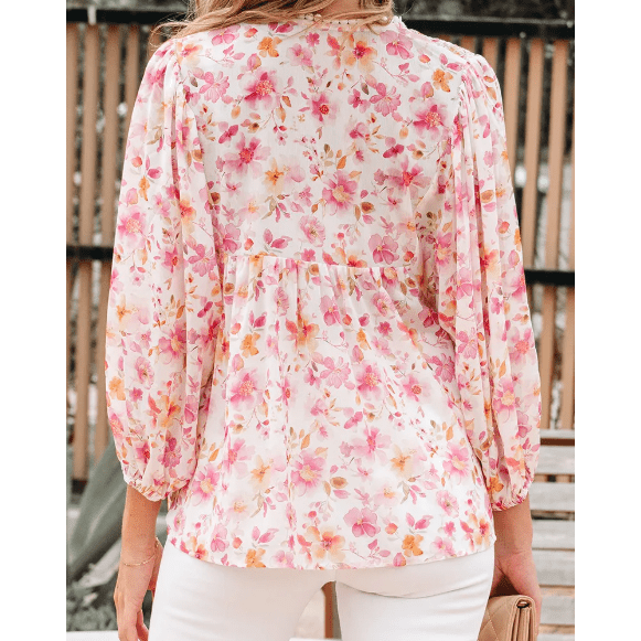 Janae Pink Floral Print Tassel Tie Smocked V Neck Puff Sleeve Tunic Blouse