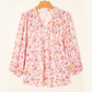 Janae Pink Floral Print Tassel Tie Smocked V Neck Puff Sleeve Tunic Blouse