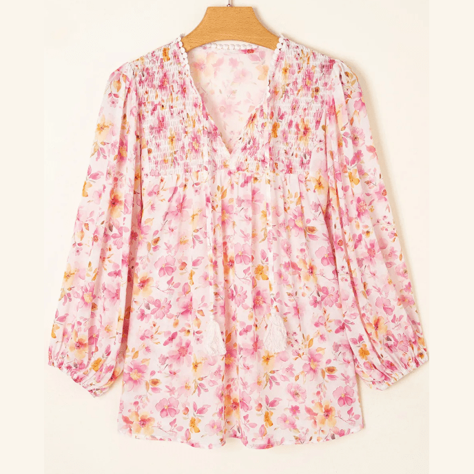 Janae Pink Floral Print Tassel Tie Smocked V Neck Puff Sleeve Tunic Blouse