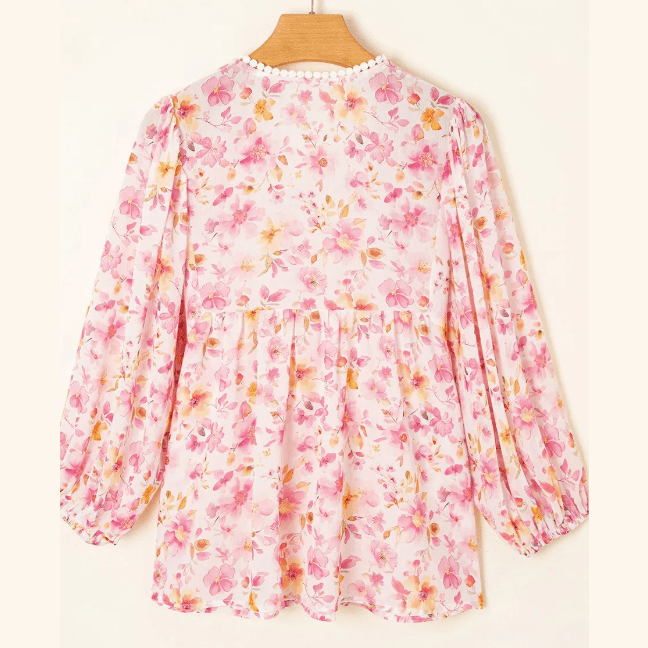 Janae Pink Floral Print Tassel Tie Smocked V Neck Puff Sleeve Tunic Blouse