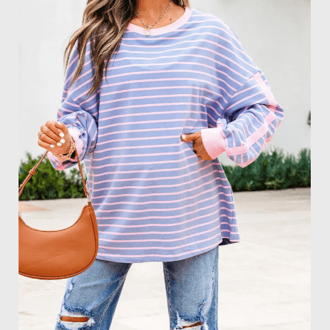 Reyna Sky Blue Stripe Oversize Contrast Trim Drop Shoulder Casual Top