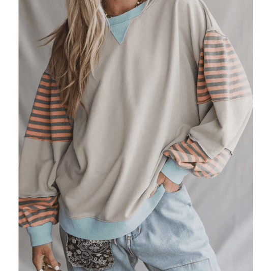 Avis Blue Striped Colorblock Patchwork Drop Shoulder Sweatshirt
