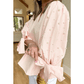 Kandy Pink Stripe Bow Knot Cuff Pearl Embellished Puff Sleeve V Neck Blouse