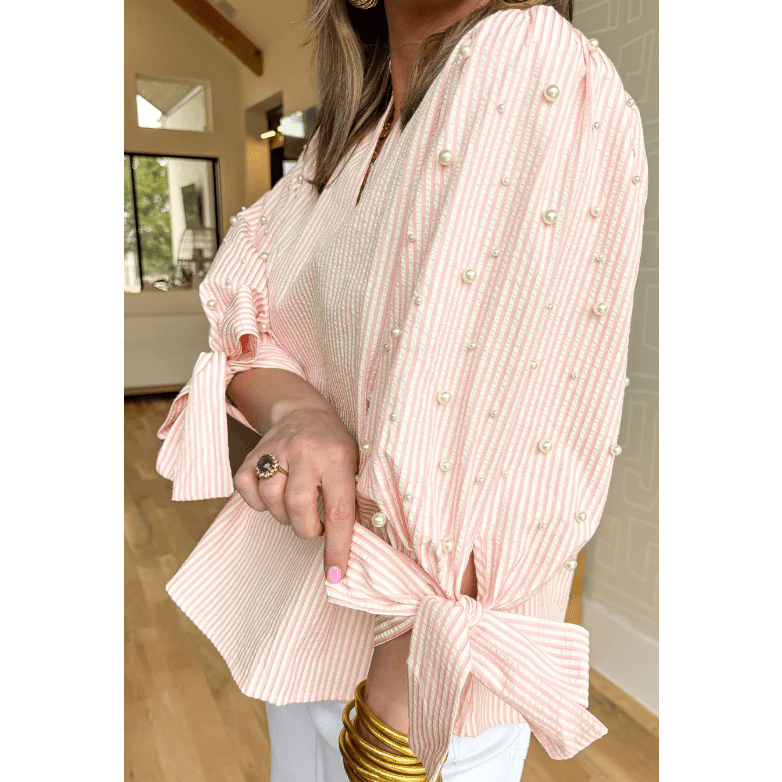 Kandy Pink Stripe Bow Knot Cuff Pearl Embellished Puff Sleeve V Neck Blouse