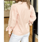 Kandy Pink Stripe Bow Knot Cuff Pearl Embellished Puff Sleeve V Neck Blouse