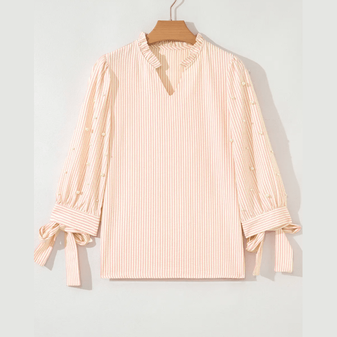 Kandy Pink Stripe Bow Knot Cuff Pearl Embellished Puff Sleeve V Neck Blouse