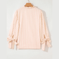 Kandy Pink Stripe Bow Knot Cuff Pearl Embellished Puff Sleeve V Neck Blouse