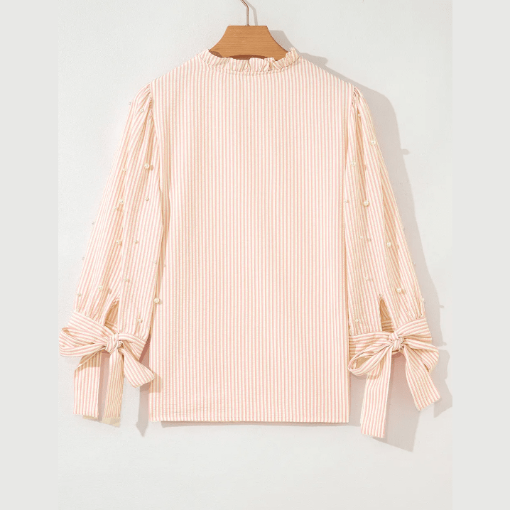Kandy Pink Stripe Bow Knot Cuff Pearl Embellished Puff Sleeve V Neck Blouse