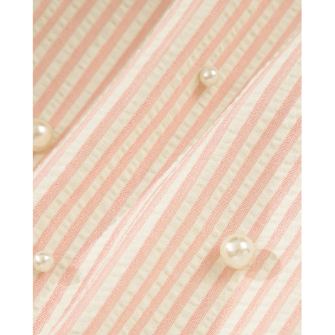 Kandy Pink Stripe Bow Knot Cuff Pearl Embellished Puff Sleeve V Neck Blouse
