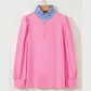 Olga Bonbon Button Striped Collar Patchwork Puff Sleeve Sweatshirt
