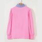 Olga Bonbon Button Striped Collar Patchwork Puff Sleeve Sweatshirt
