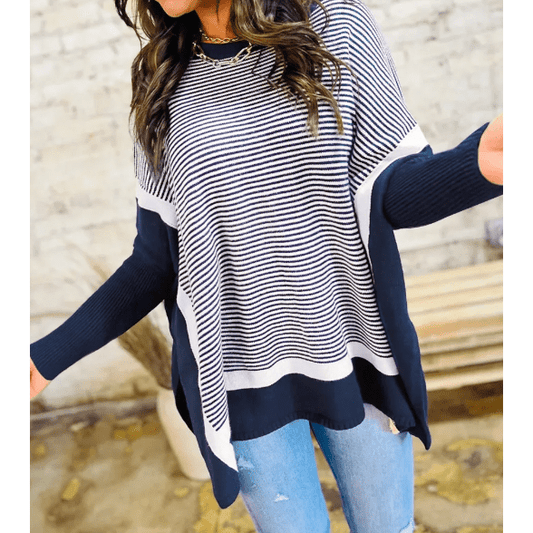 Zamira Blue Stripe Color Block Patchwork Dolman Oversize Tunic Sweater