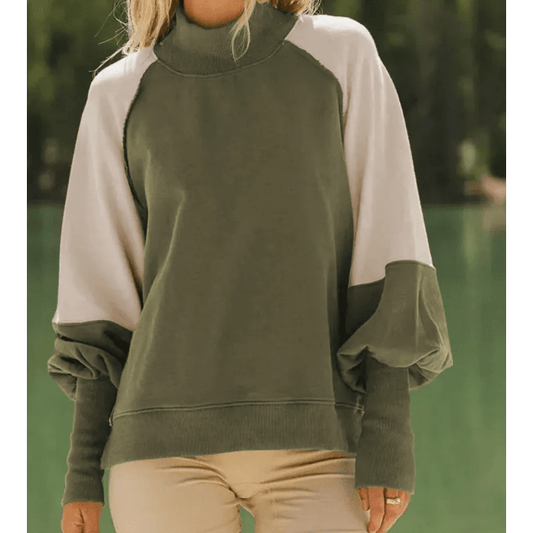 Jolie Army Green High Collar Colorblock Sweatshirt