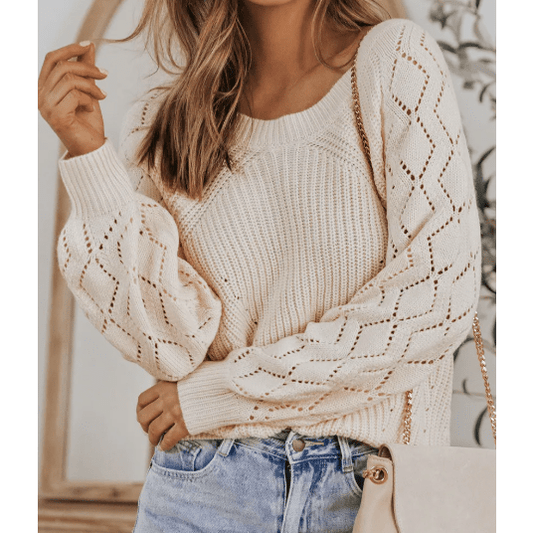 Neda Beige Hollow-out Puffy Sleeve Knit Sweater