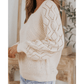 Neda Beige Hollow-out Puffy Sleeve Knit Sweater