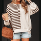 Cheyenne Khaki Stripe Stitched Detail Color Block Patchwork Oversized Pullover Top