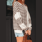 Cheyenne Khaki Stripe Stitched Detail Color Block Patchwork Oversized Pullover Top