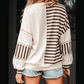 Cheyenne Khaki Stripe Stitched Detail Color Block Patchwork Oversized Pullover Top