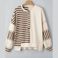 Cheyenne Khaki Stripe Stitched Detail Color Block Patchwork Oversized Pullover Top