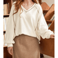 Lilah Beige Exposed Seam Textured Knit V Neck Pullover Top
