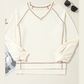 Lilah Beige Exposed Seam Textured Knit V Neck Pullover Top