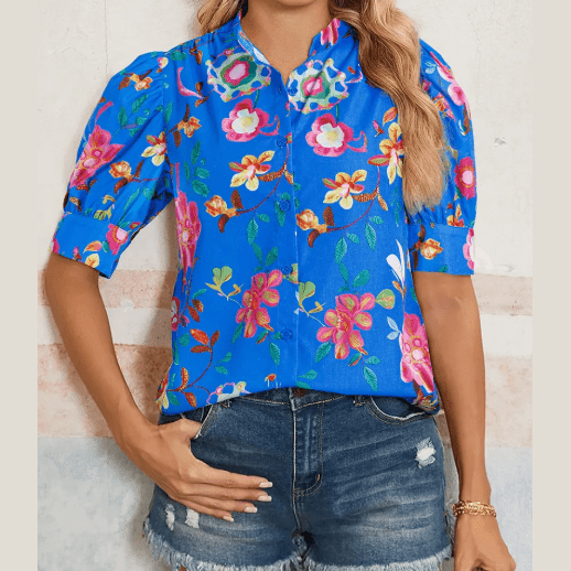 RTS Blue Floral Short Puff Sleeve Button Up Shirt)