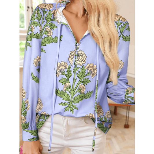 RTS Sky Blue Floral Print Button Tie Neck Long Puff Sleeve Blouse