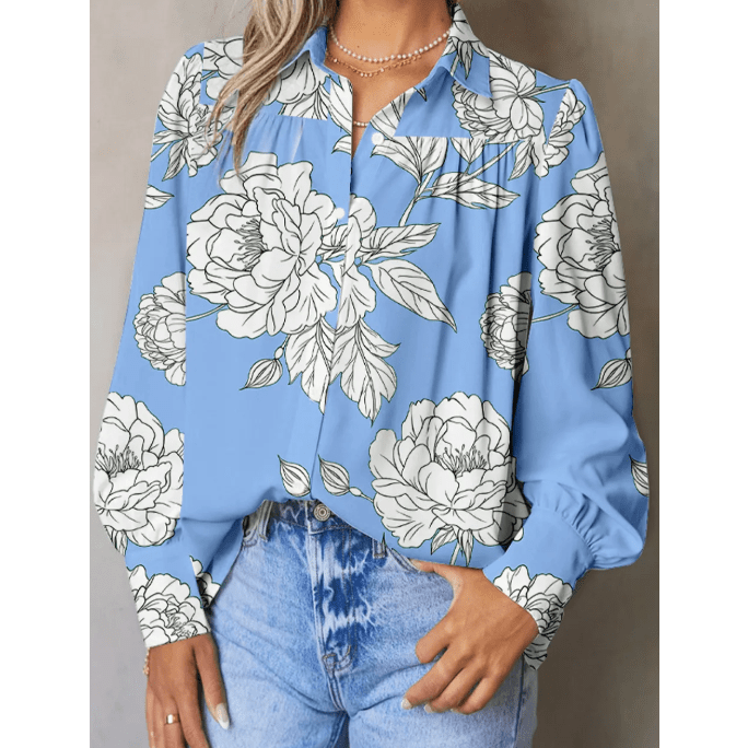 RTS Sky Blue Floral Print Button Up Pleated Detail Puff Sleeve Shirt