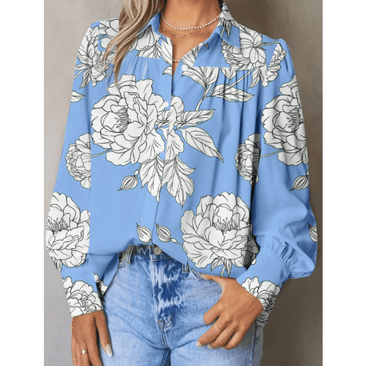 RTS Sky Blue Floral Print Button Up Pleated Detail Puff Sleeve Shirt