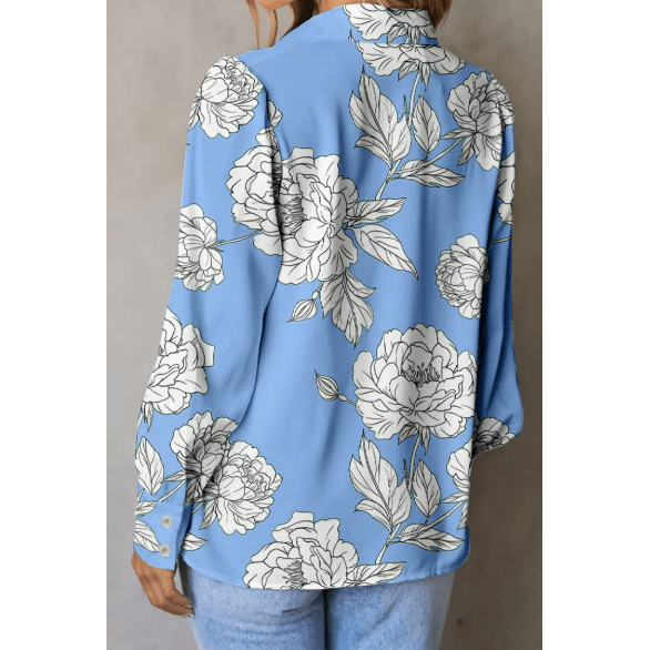 RTS Sky Blue Floral Print Button Up Pleated Detail Puff Sleeve Shirt