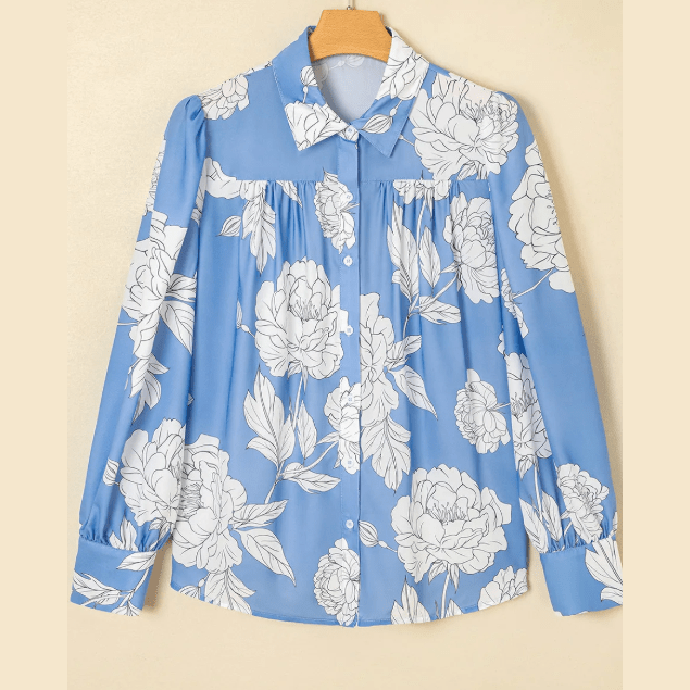 RTS Sky Blue Floral Print Button Up Pleated Detail Puff Sleeve Shirt