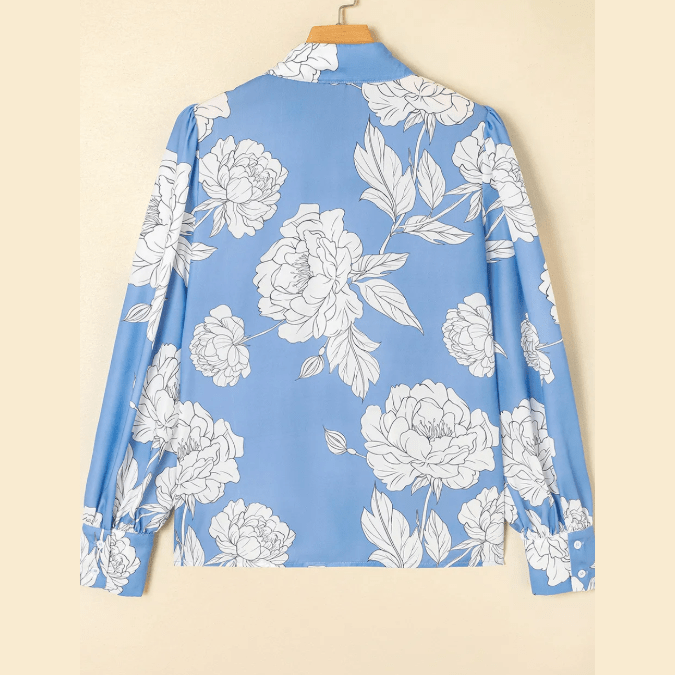 RTS Sky Blue Floral Print Button Up Pleated Detail Puff Sleeve Shirt
