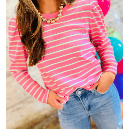 RTS Stripe Textured Knit Round Neck Long Sleeve Top