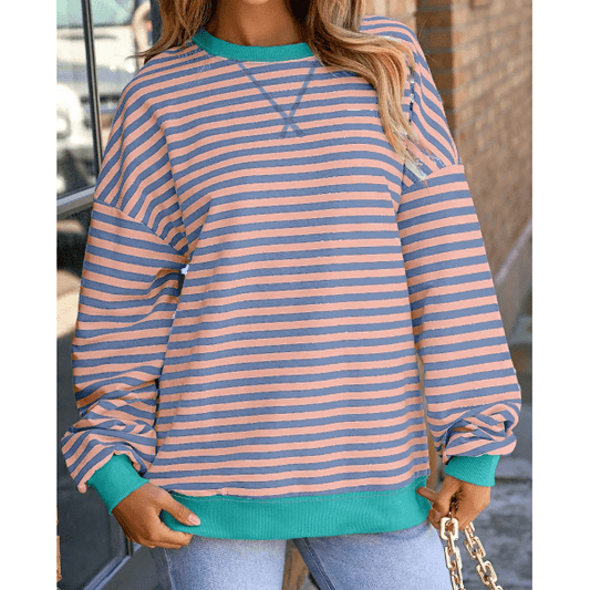 Adilynn Aqua Stripe Contrast Ribbed Trim Crossed Stitch Drop Shoulder Sweatshirt