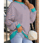 Adilynn Aqua Stripe Contrast Ribbed Trim Crossed Stitch Drop Shoulder Sweatshirt