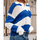 Lexia Blue Stripe Colorblock Polo Collar Eyelet Crochet Knitted Sweater
